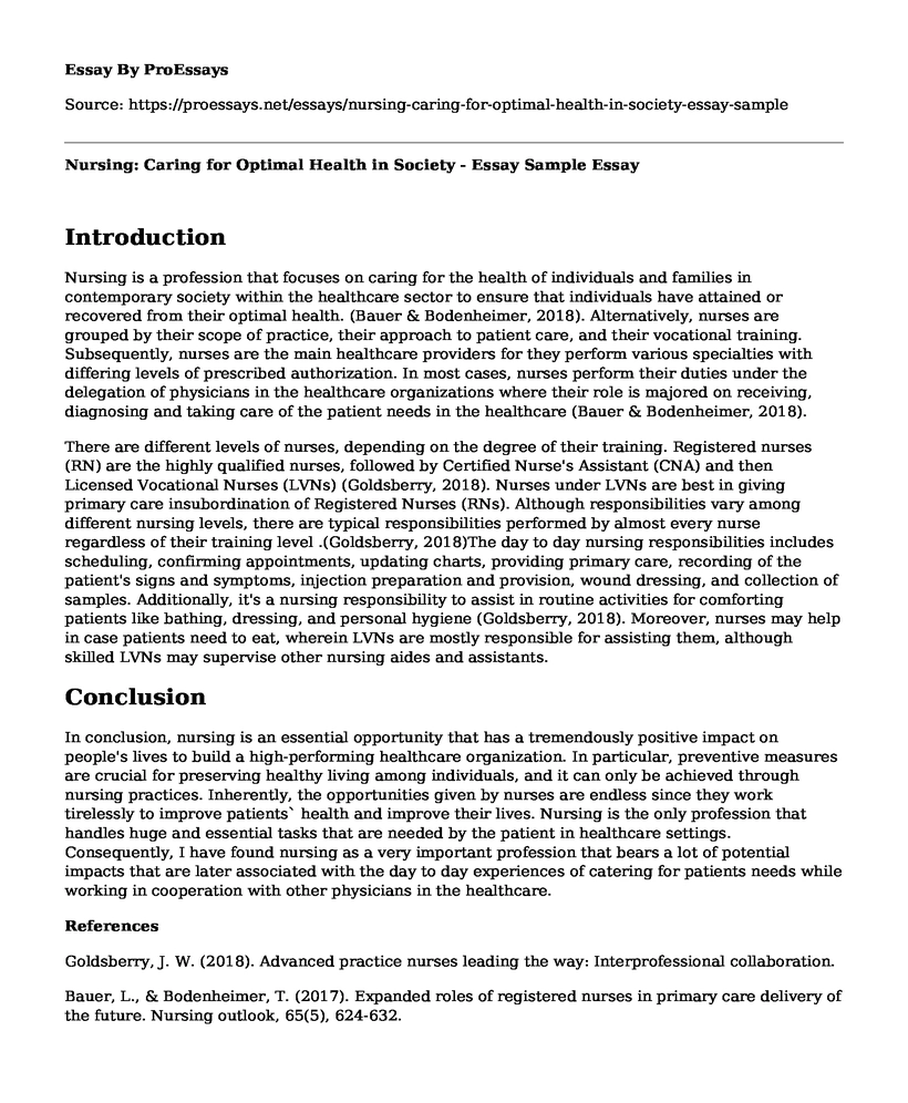 Nursing: Caring for Optimal Health in Society - Essay Sample