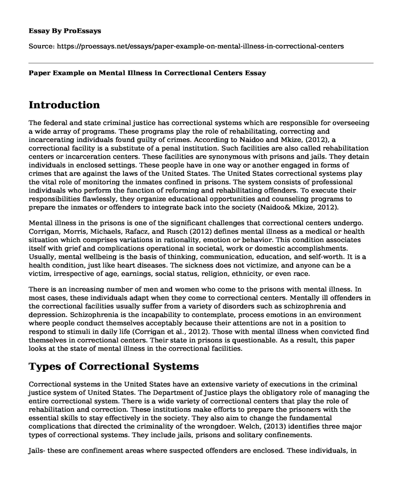 Paper Example on Mental Illness in Correctional Centers
