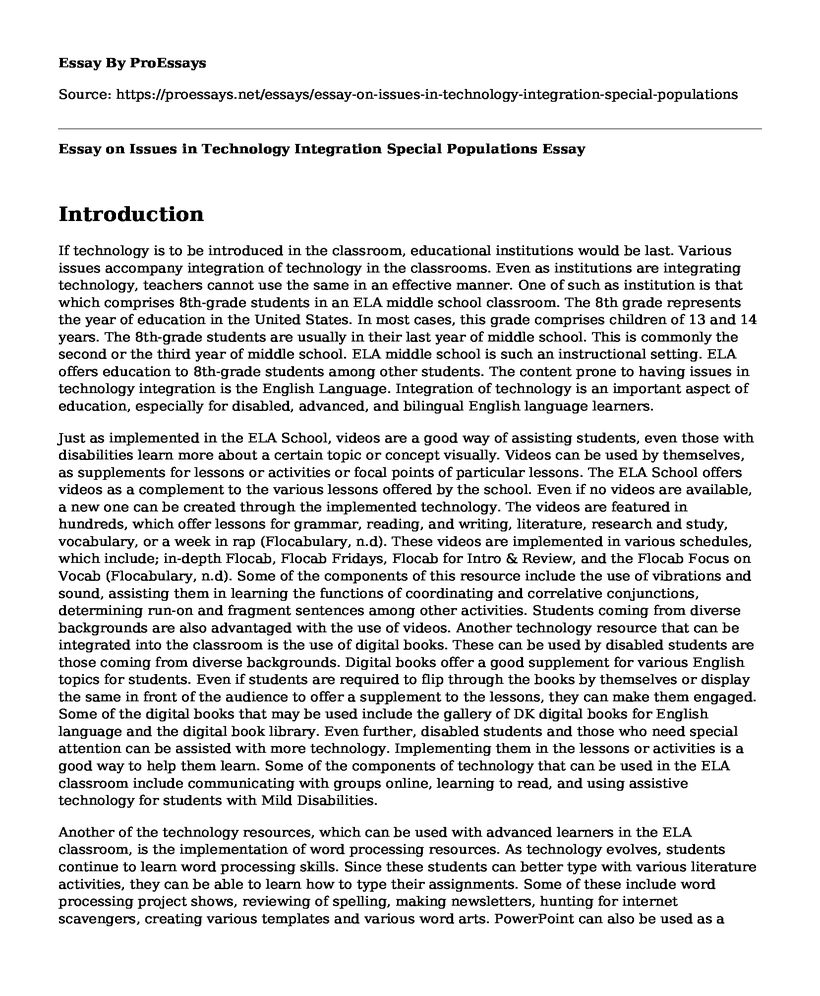Essay on Issues in Technology Integration Special Populations