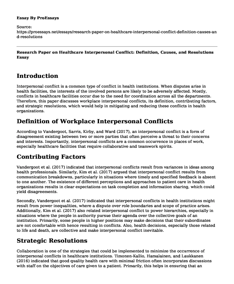 Research Paper on Healthcare Interpersonal Conflict: Definition, Causes, and Resolutions