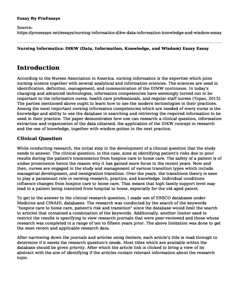 Nursing Informatics: DIKW (Data, Information, Knowledge, and Wisdom) Essay