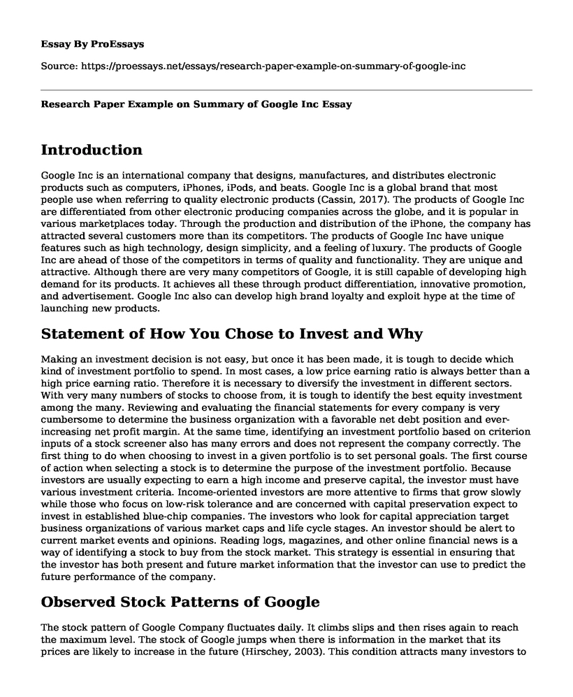 Research Paper Example on Summary of Google Inc