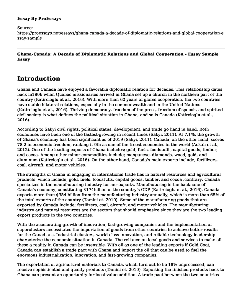 Ghana-Canada: A Decade of Diplomatic Relations and Global Cooperation - Essay Sample