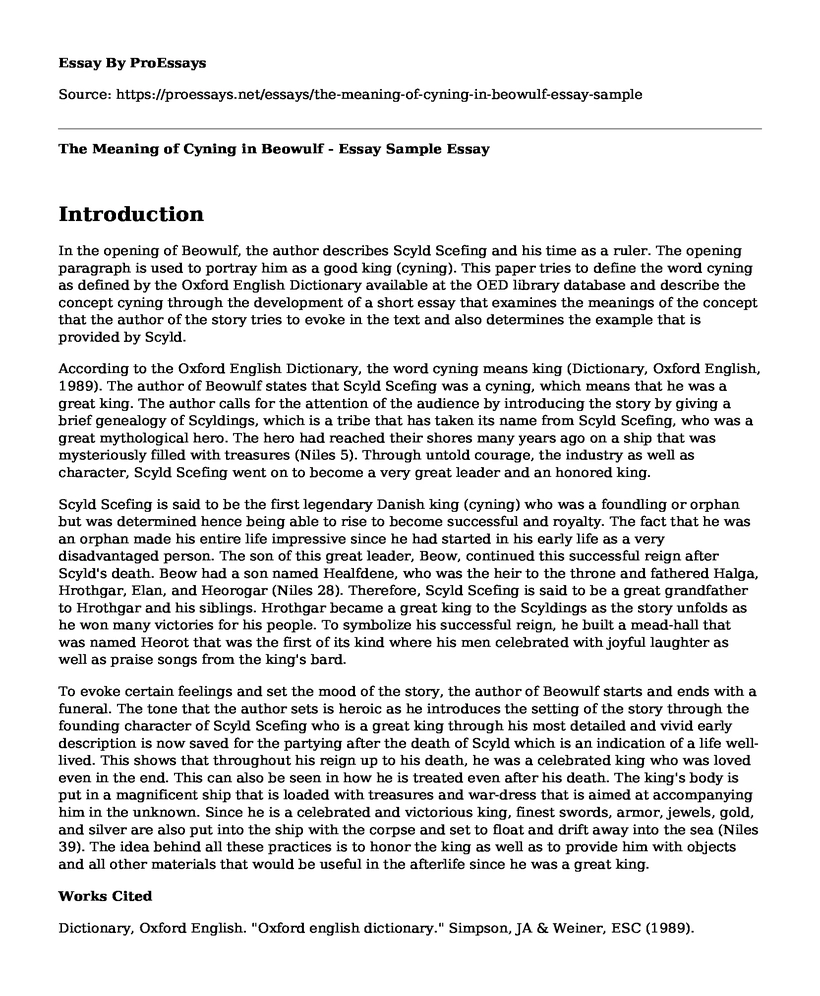 The Meaning of Cyning in Beowulf - Essay Sample