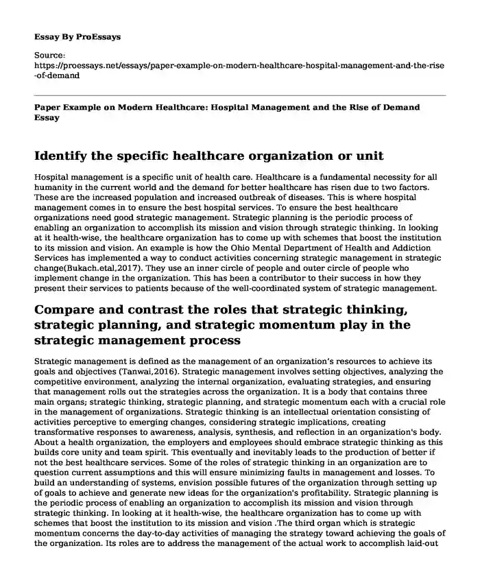 Paper Example on Modern Healthcare: Hospital Management and the Rise of Demand