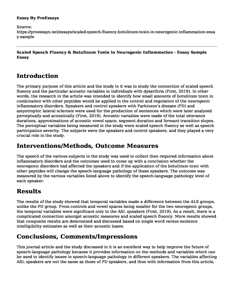 Scaled Speech Fluency & Botulinum Toxin in Neurogenic Inflammation  - Essay Sample