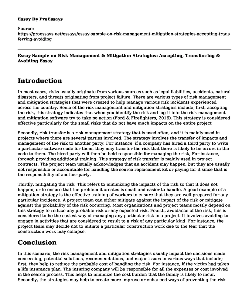 Essay Sample on Risk Management & Mitigation Strategies: Accepting, Transferring & Avoiding
