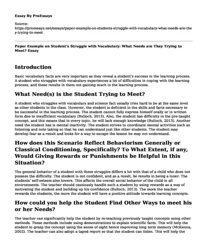 Paper Example on Student's Struggle with Vocabulary: What Needs are They Trying to Meet?