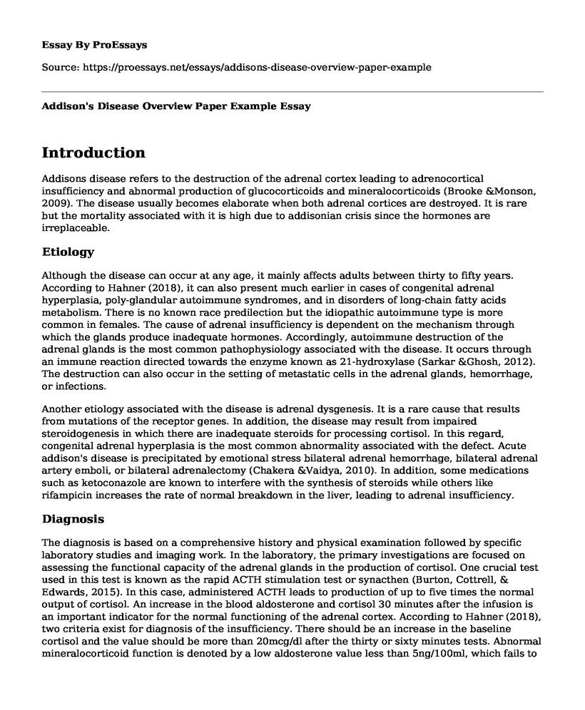 Addison's Disease Overview Paper Example
