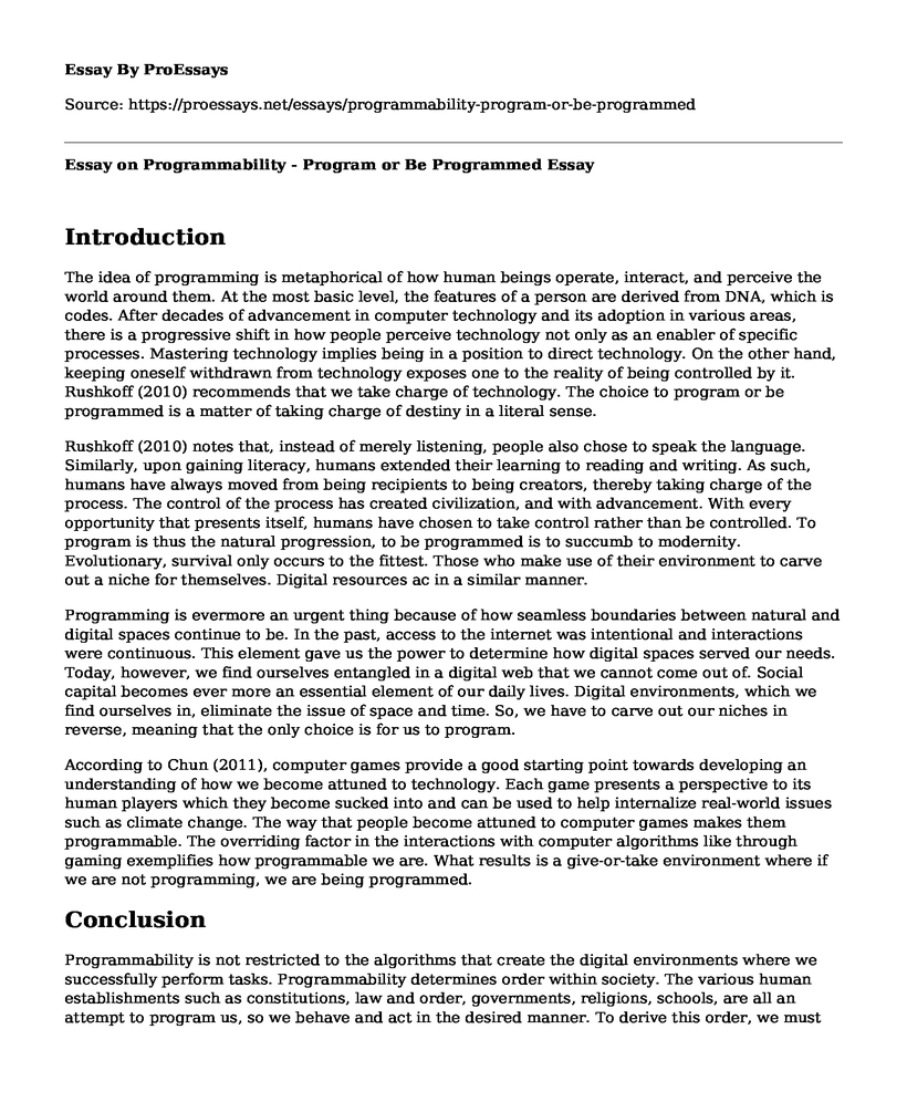 Essay on Programmability - Program or Be Programmed