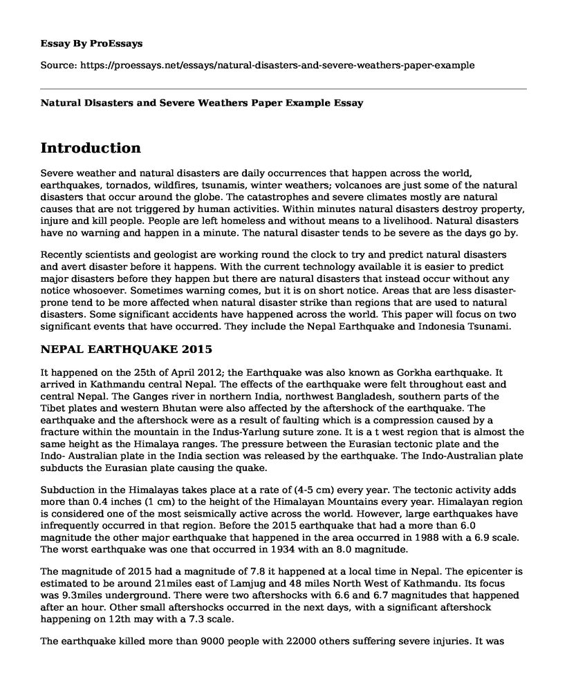 Natural Disasters and Severe Weathers Paper Example