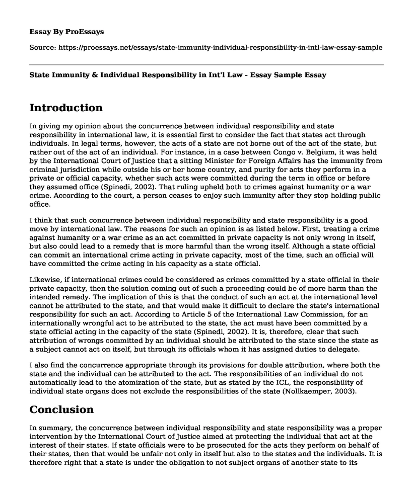 State Immunity & Individual Responsibility in Int'l Law - Essay Sample