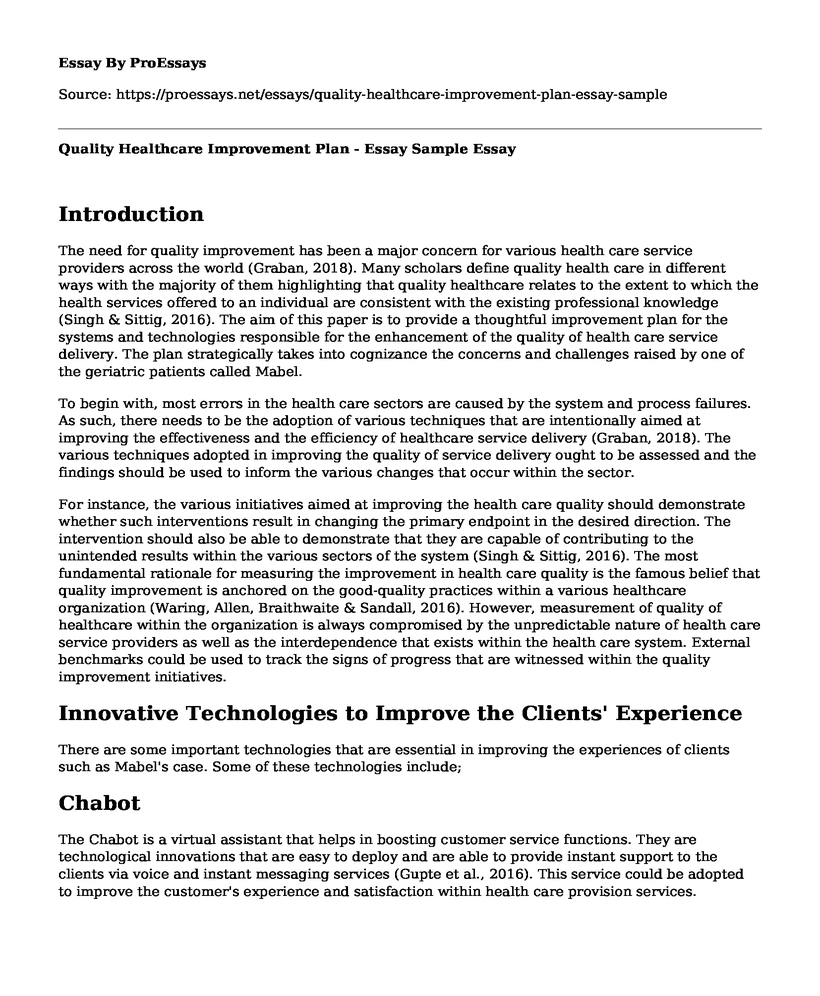 Quality Healthcare Improvement Plan - Essay Sample