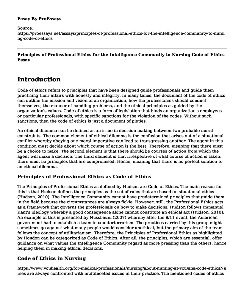 Principles of Professional Ethics for the Intelligence Community to Nursing Code of Ethics
