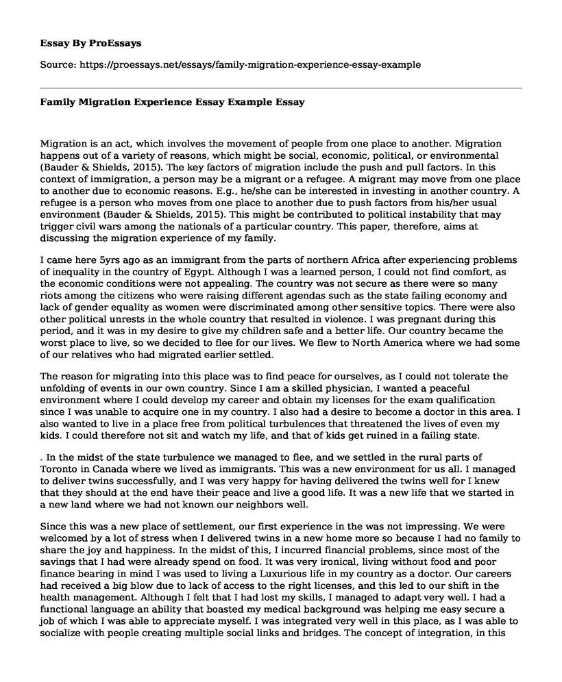 Family Migration Experience Essay Example