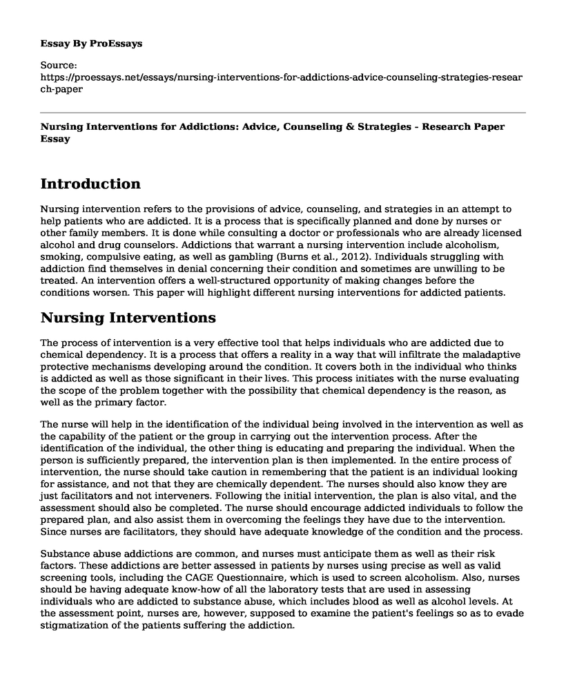 Nursing Interventions for Addictions: Advice, Counseling & Strategies - Research Paper