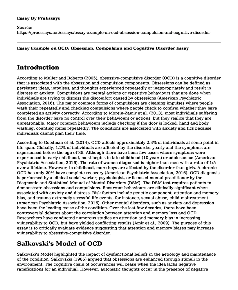 Essay Example on OCD: Obsession, Compulsion and Cognitive Disorder