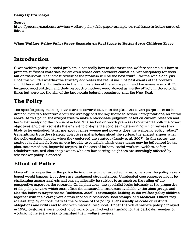 When Welfare Policy Fails: Paper Example on Real Issue to Better Serve Children