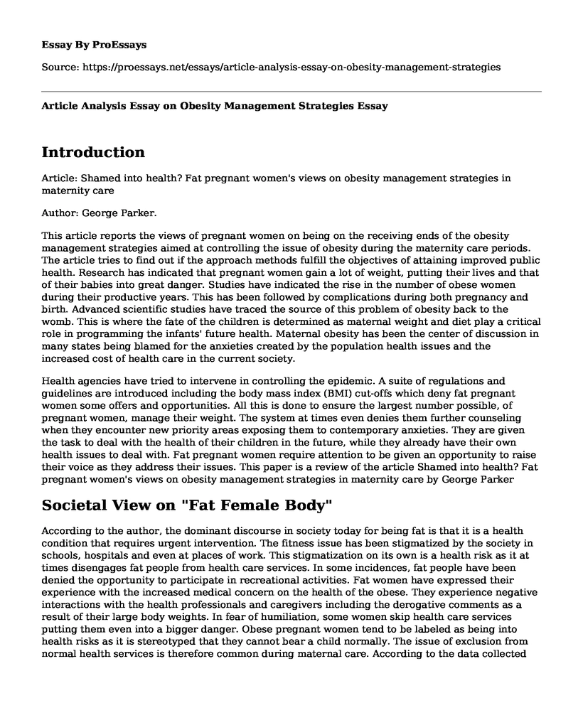 Article Analysis Essay on Obesity Management Strategies