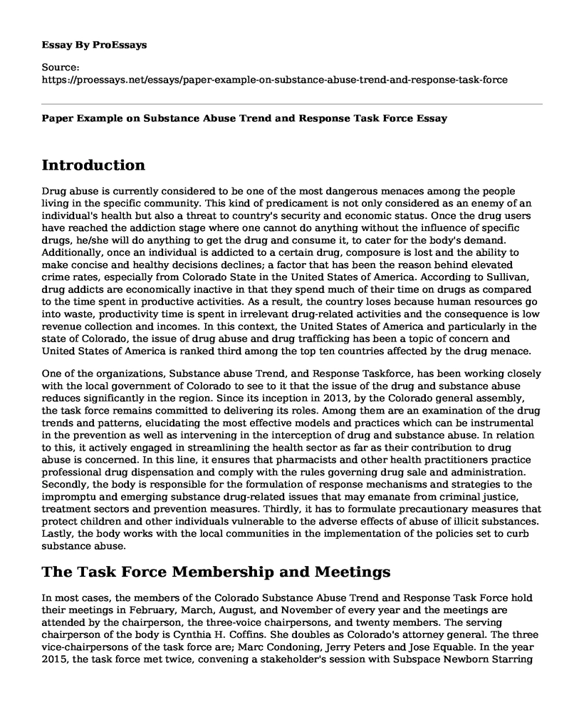 Paper Example on Substance Abuse Trend and Response Task Force