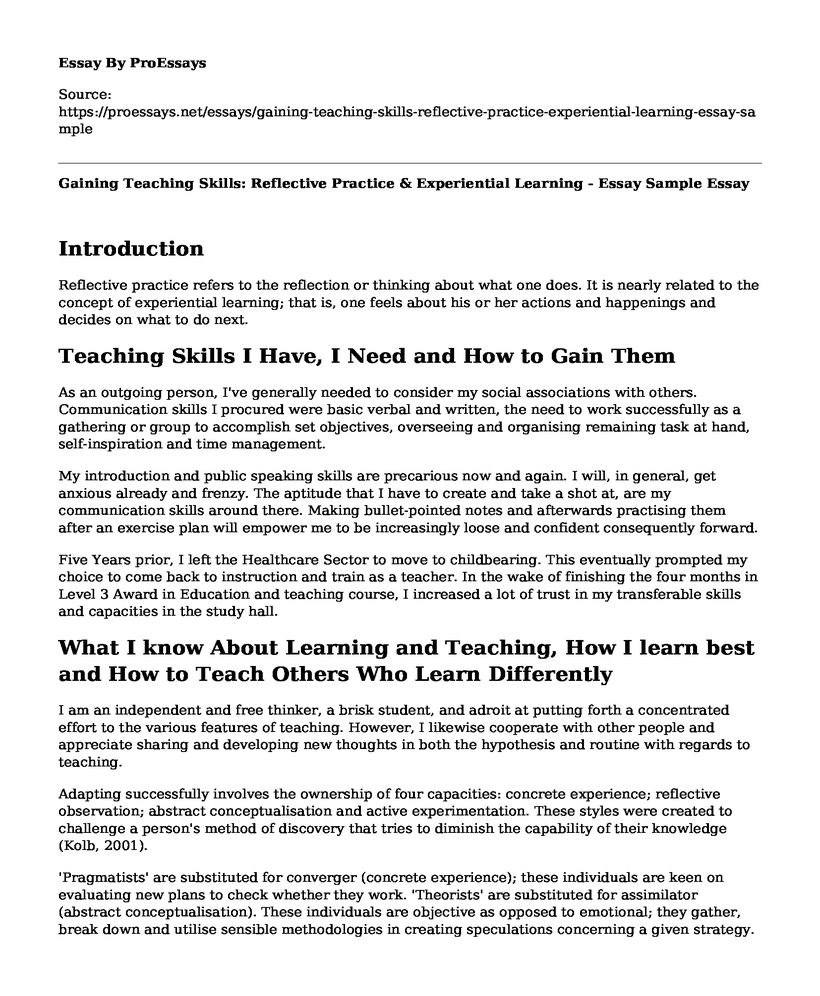 Gaining Teaching Skills: Reflective Practice & Experiential Learning - Essay Sample