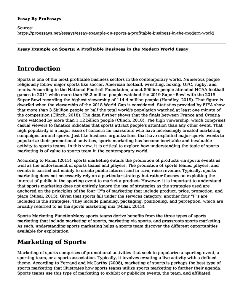 Essay Example on Sports: A Profitable Business in the Modern World