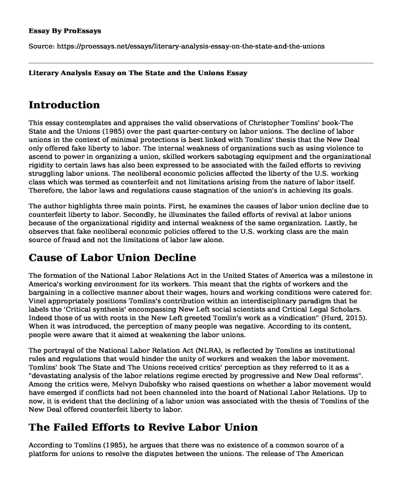 Literary Analysis Essay on The State and the Unions