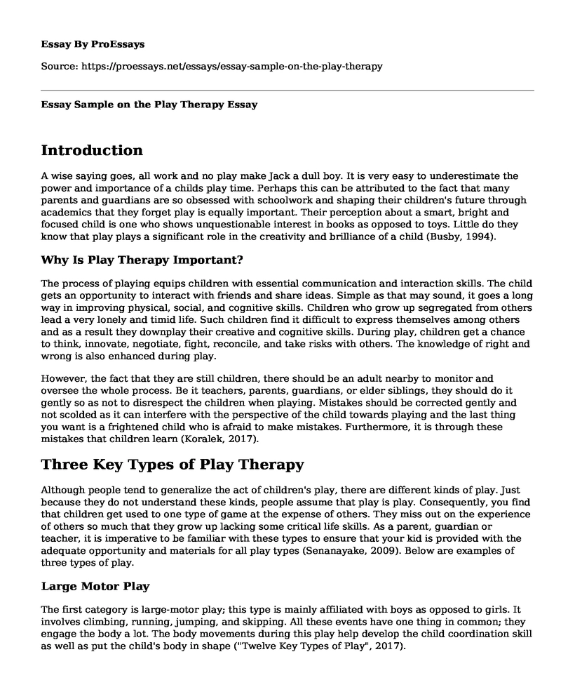 Essay Sample on the Play Therapy