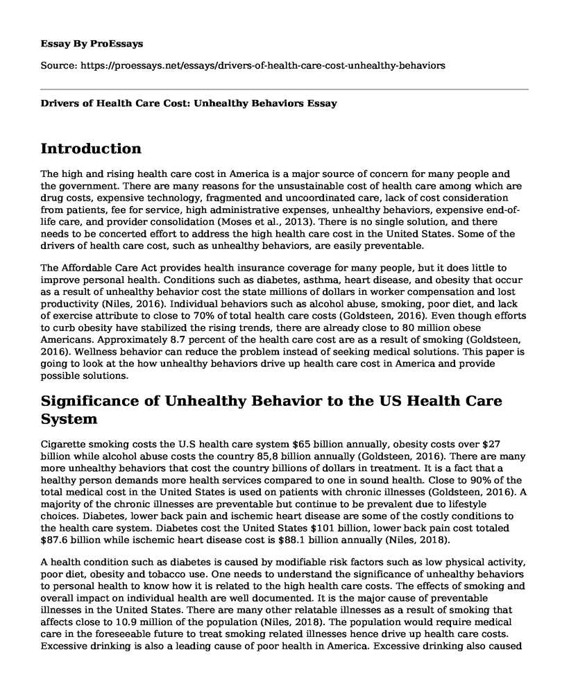 Drivers of Health Care Cost: Unhealthy Behaviors