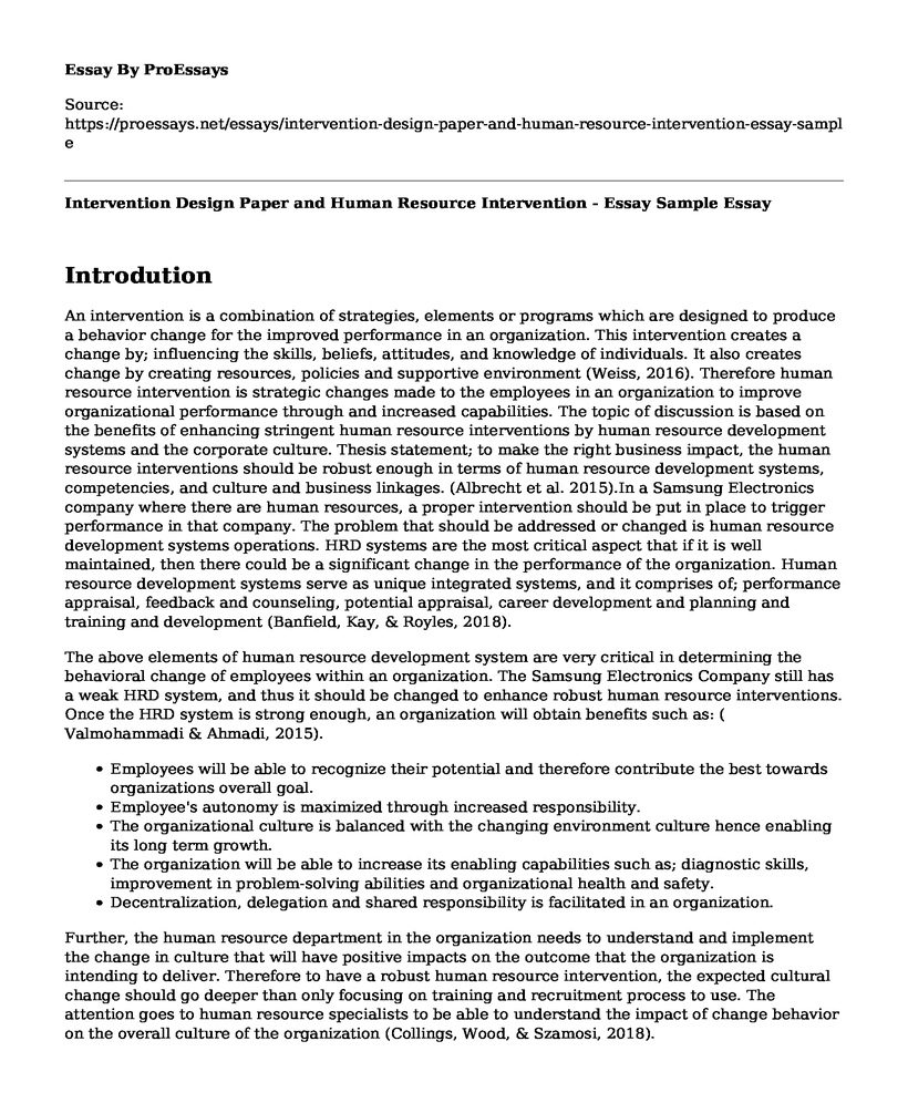 Intervention Design Paper and Human Resource Intervention - Essay Sample 