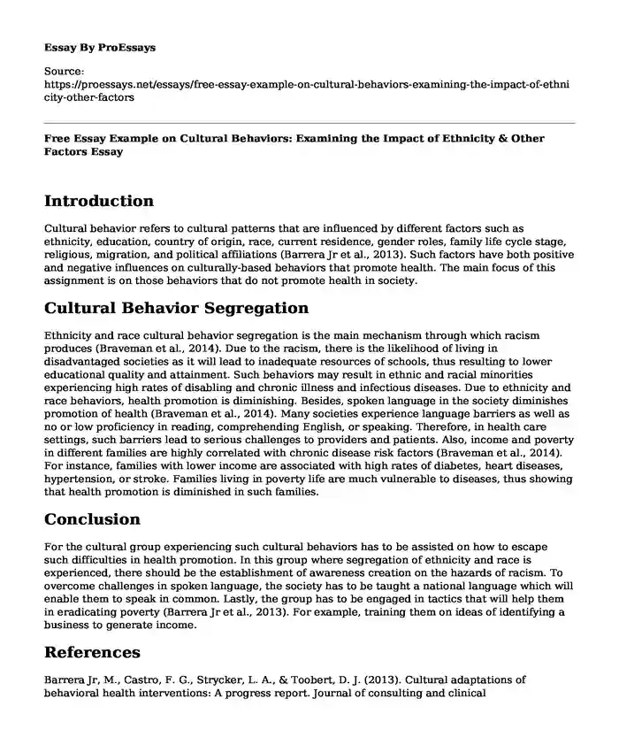 Free Essay Example on Cultural Behaviors: Examining the Impact of Ethnicity & Other Factors