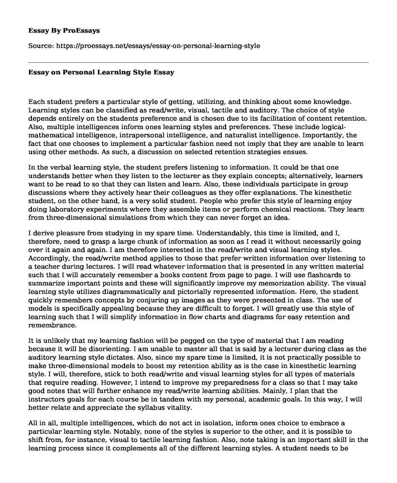 Essay on Personal Learning Style