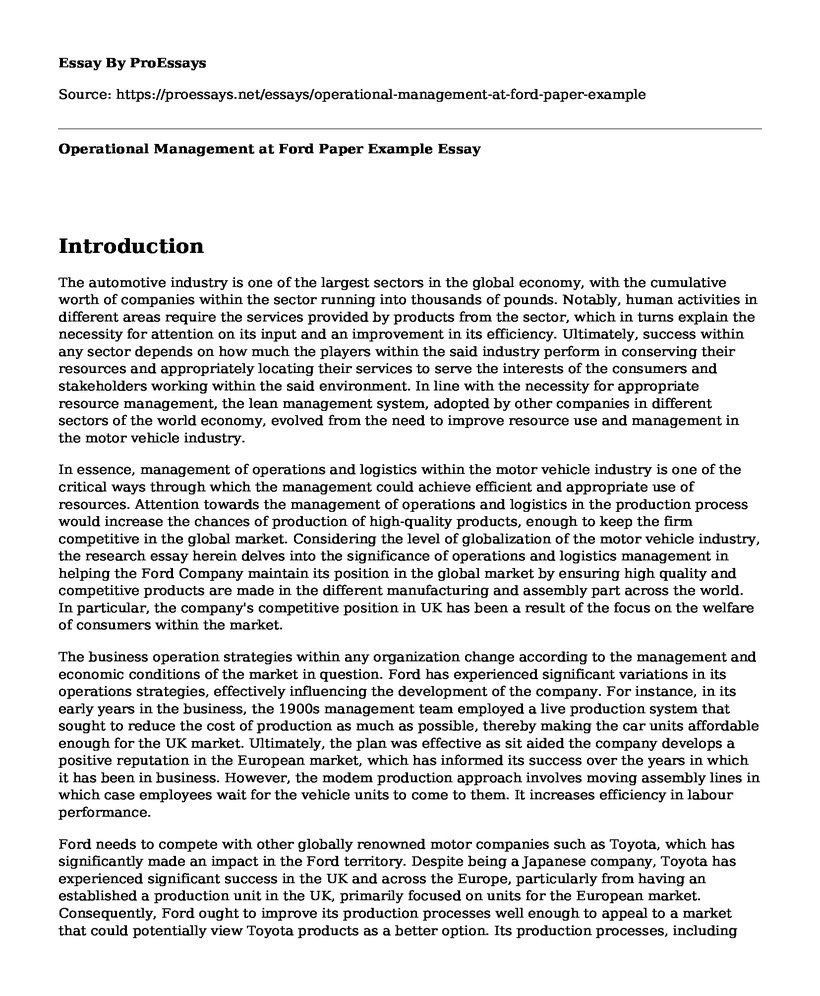 Operational Management at Ford Paper Example