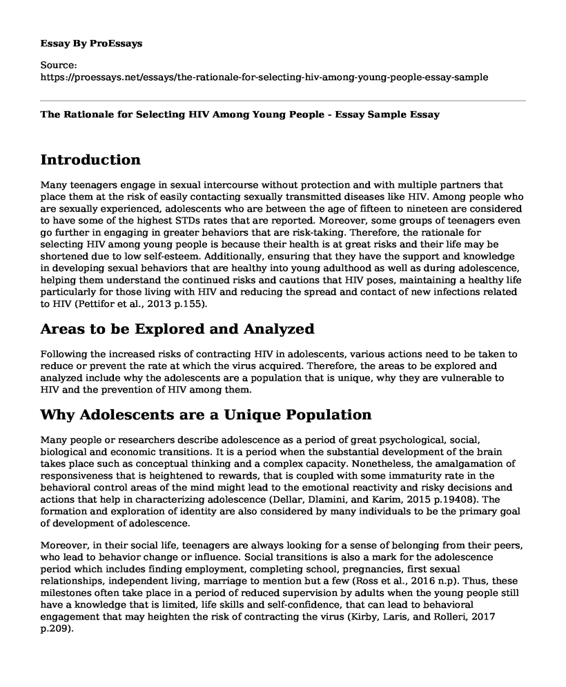 The Rationale for Selecting HIV Among Young People - Essay Sample