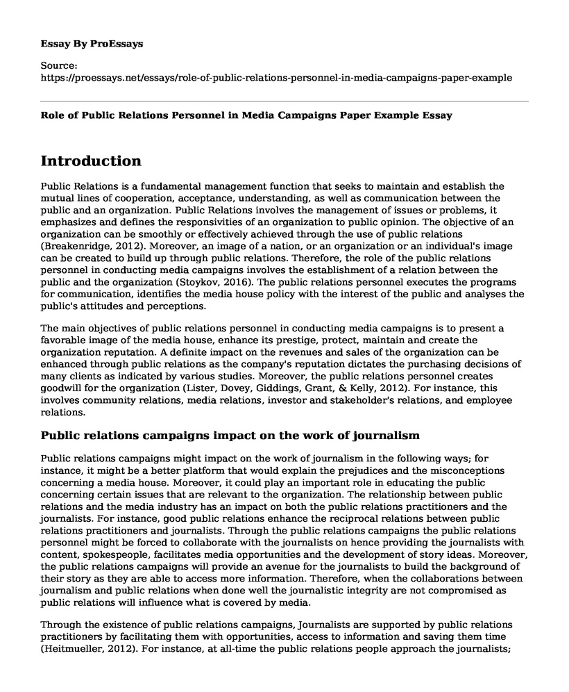 Role of Public Relations Personnel in Media Campaigns Paper Example