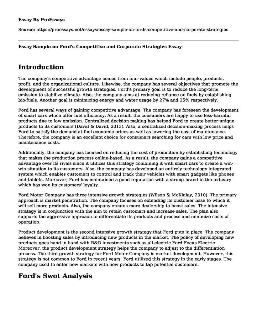Essay Sample on Ford's Competitive and Corporate Strategies