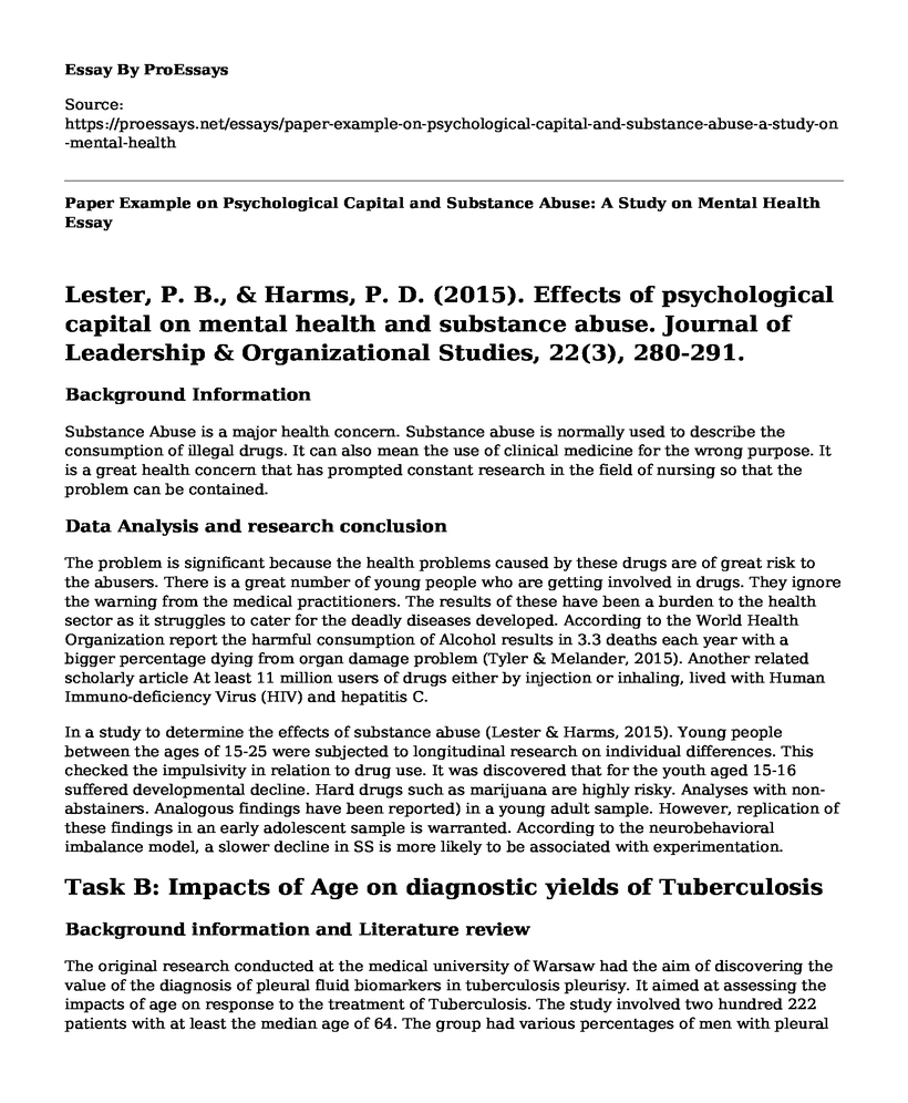 Paper Example on Psychological Capital and Substance Abuse: A Study on Mental Health