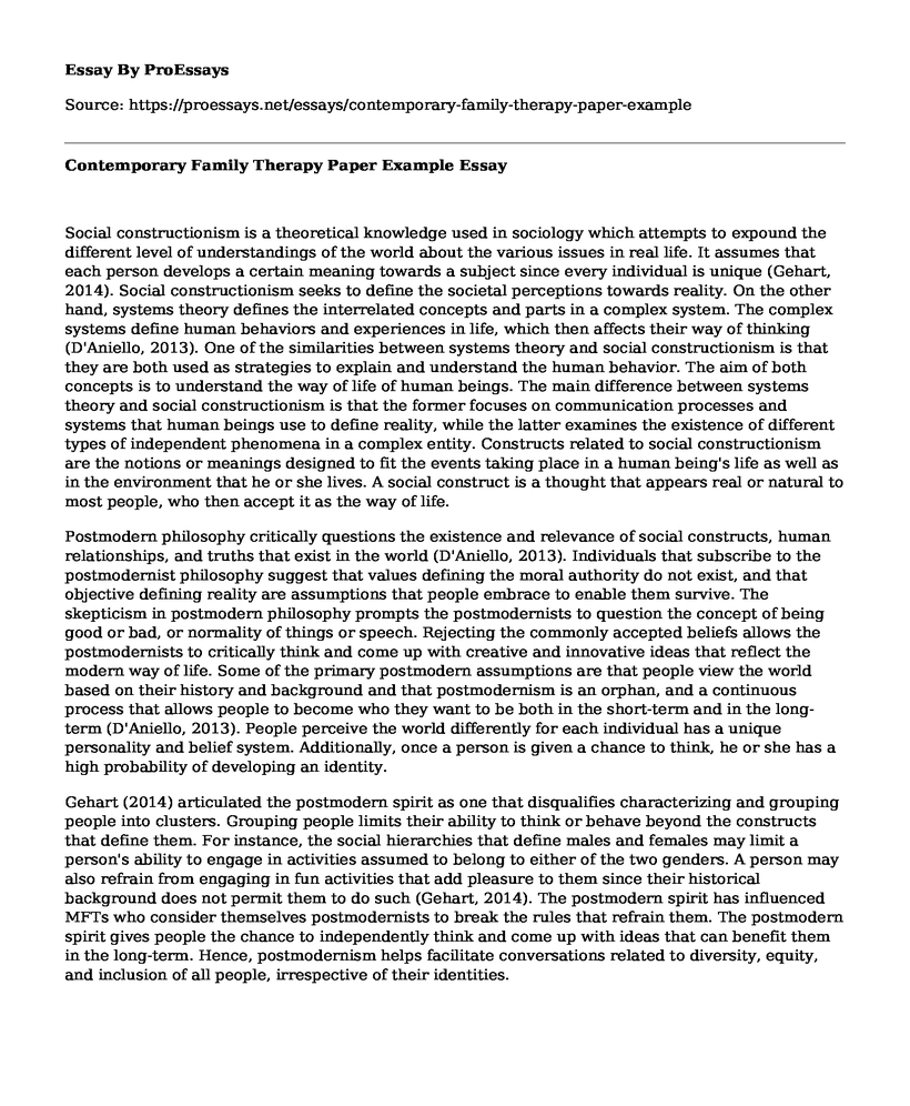 Contemporary Family Therapy Paper Example