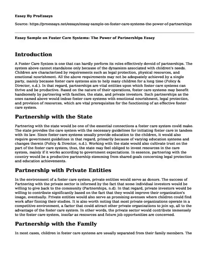 Essay Sample on Foster Care Systems: The Power of Partnerships
