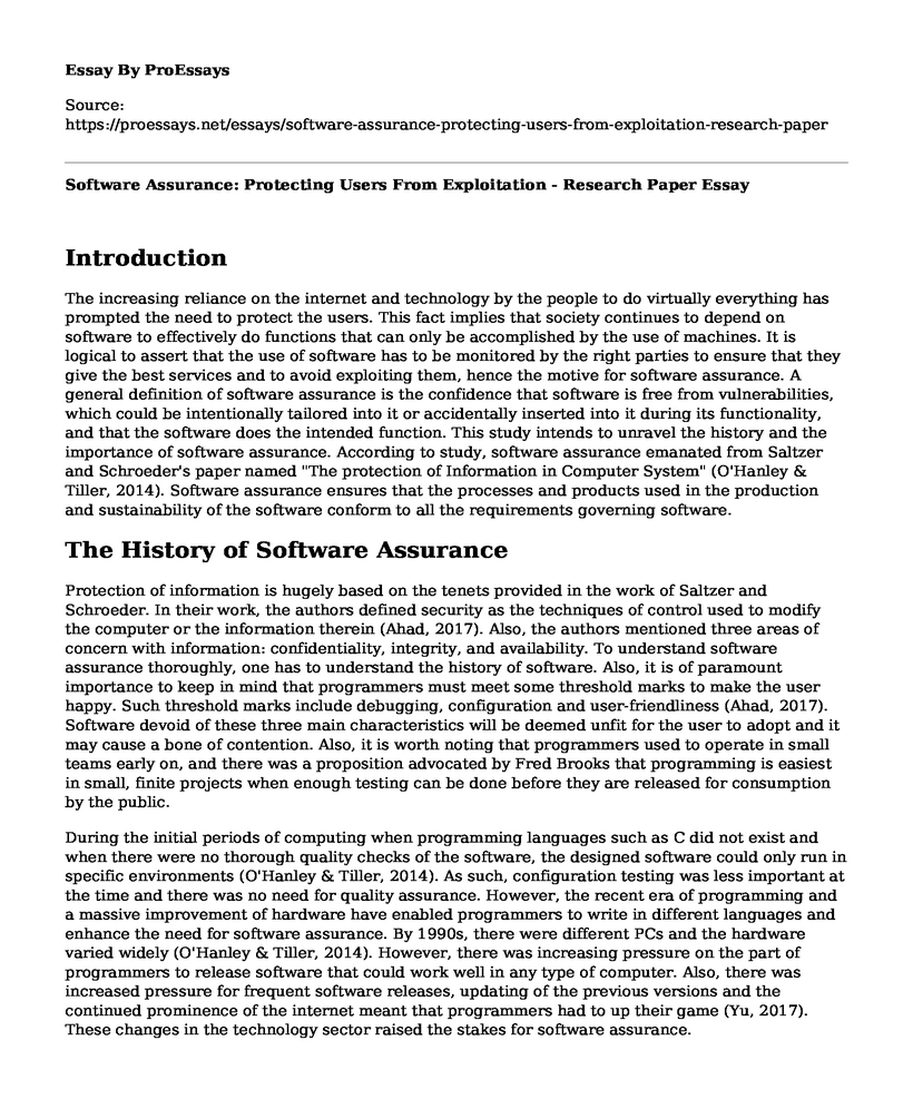 Software Assurance: Protecting Users From Exploitation - Research Paper