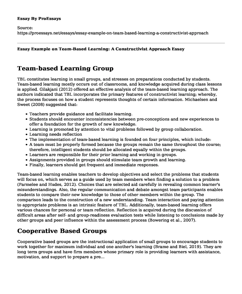 Essay Example on Team-Based Learning: A Constructivist Approach