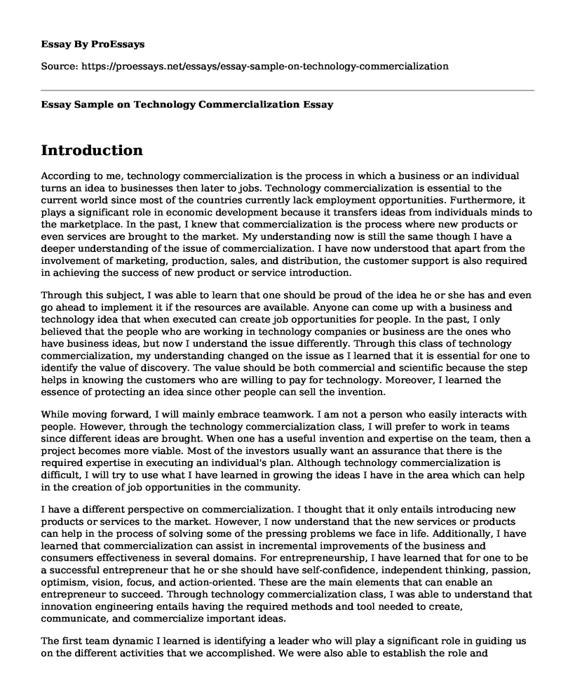 Essay Sample on Technology Commercialization