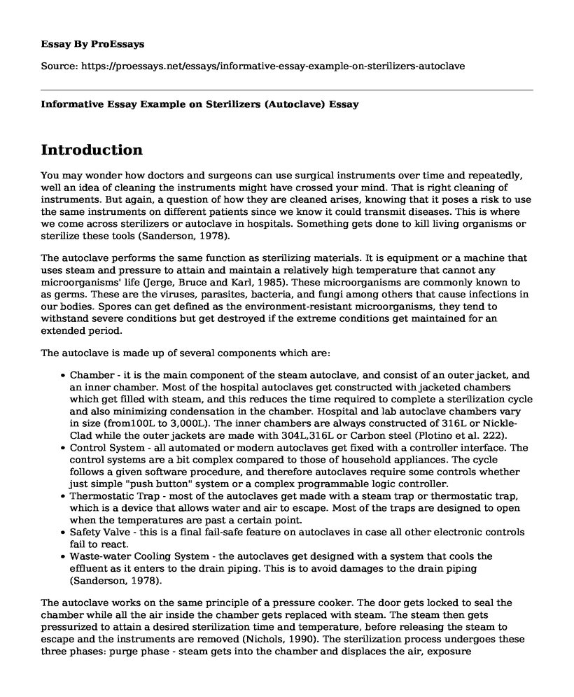 Informative Essay Example on Sterilizers (Autoclave)