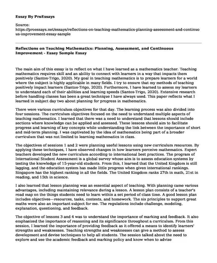 Reflections on Teaching Mathematics: Planning, Assessment, and Continuous Improvement - Essay Sample