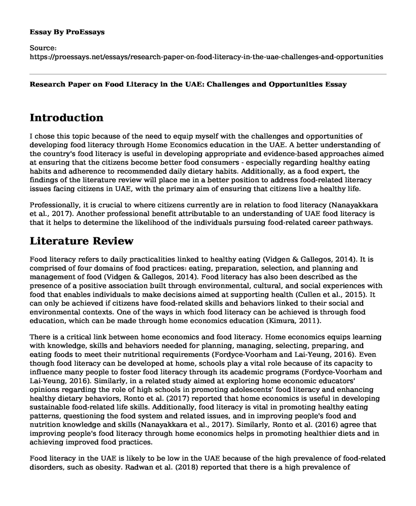 Research Paper on Food Literacy in the UAE: Challenges and Opportunities