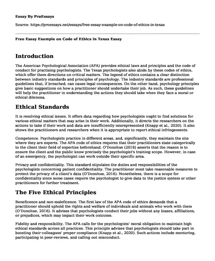 Free Essay Example on Code of Ethics in Texas