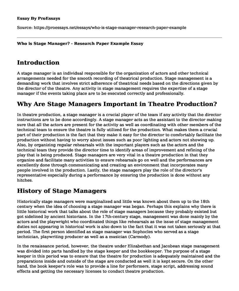 Who is Stage Manager? - Research Paper Example