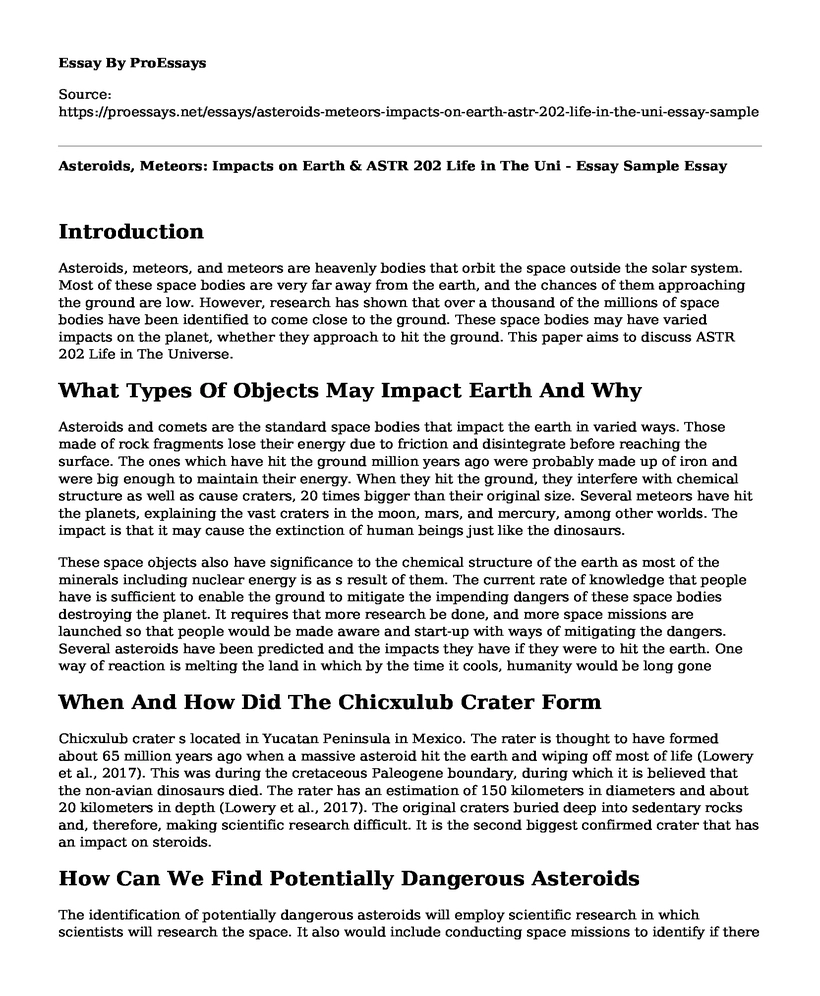 Asteroids, Meteors: Impacts on Earth & ASTR 202 Life in The Uni - Essay Sample