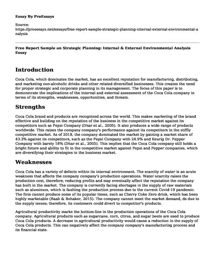 Free Report Sample on Strategic Planning: Internal & External Environmental Analysis