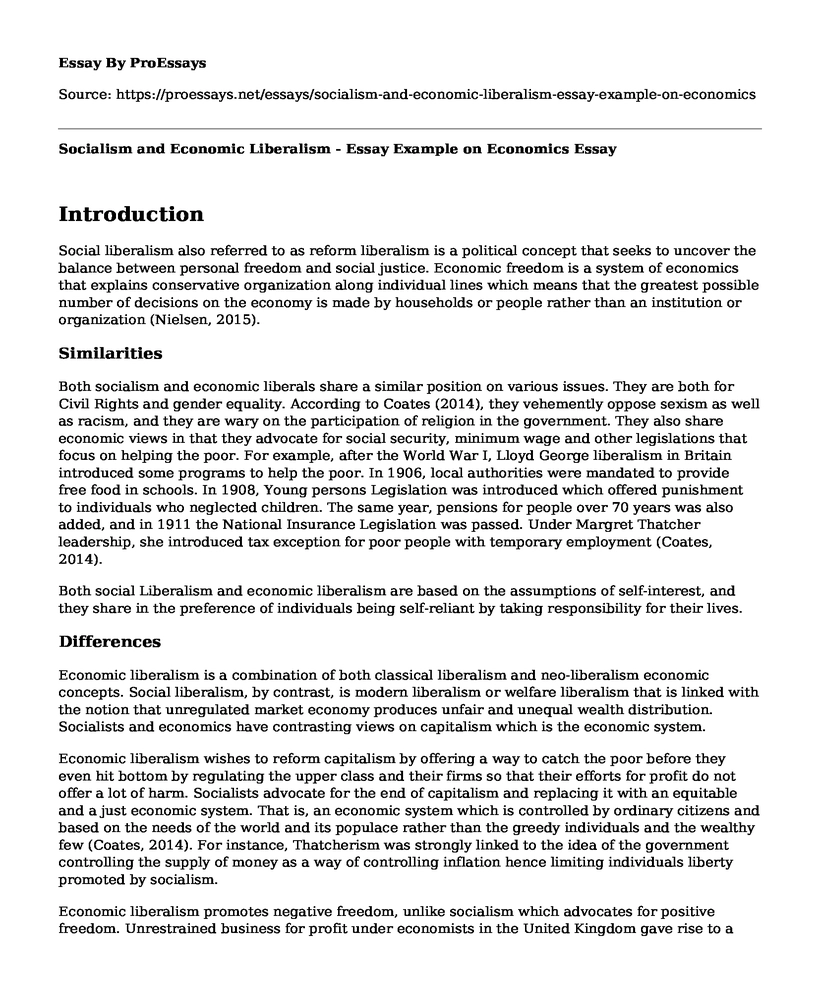 Socialism and Economic Liberalism - Essay Example on Economics